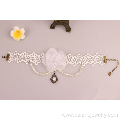 Fashion White Rose Choker With Pearl Tassel Bridal Jewelry